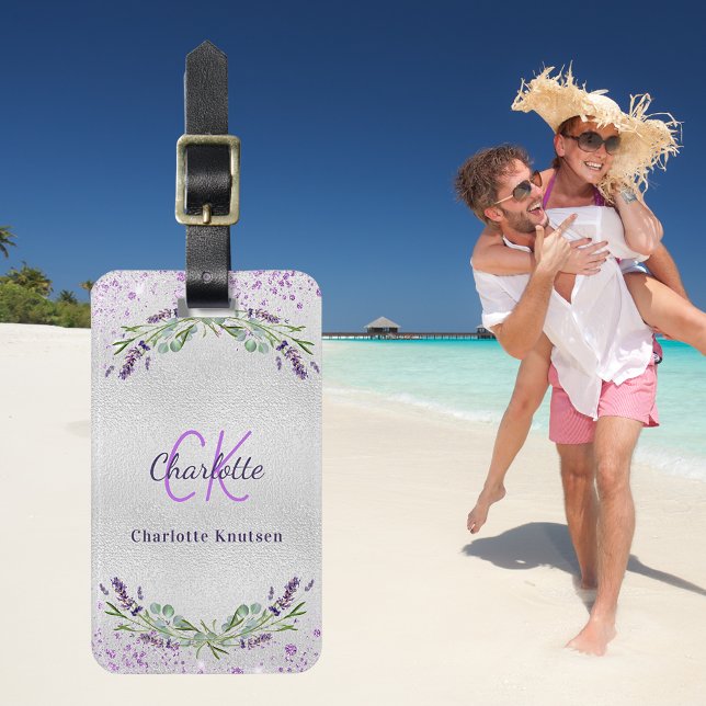Étiquette À Bagage Lavande violet argent fleurs monogramme nom (Créateur téléchargé)
