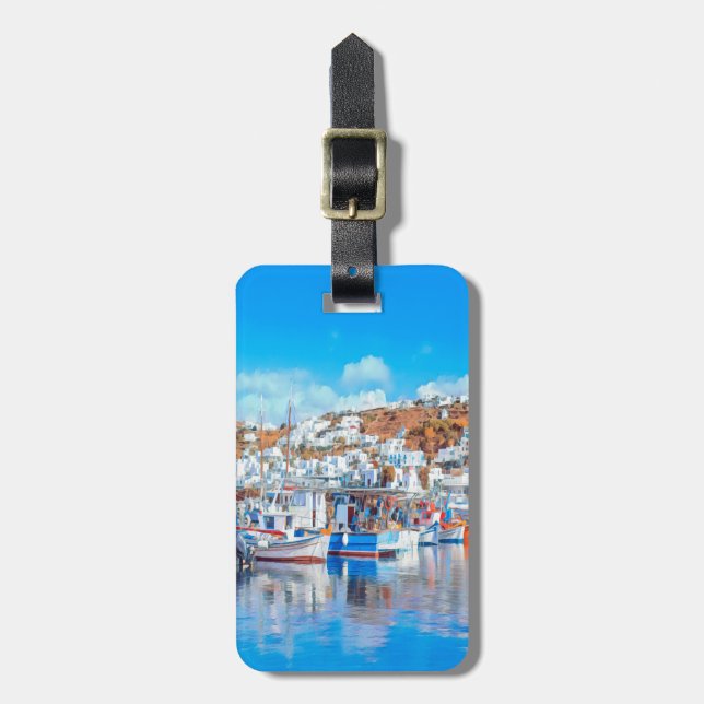 Étiquette À Bagage ldp MYKONOS - bateaux de pêche - port - panorama (Devant Vertical)