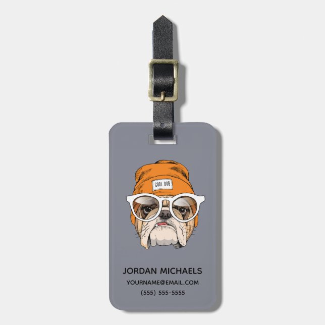 Étiquette À Bagage Le bouledogue frais de hippie | ajoutent votre nom (Devant Vertical)