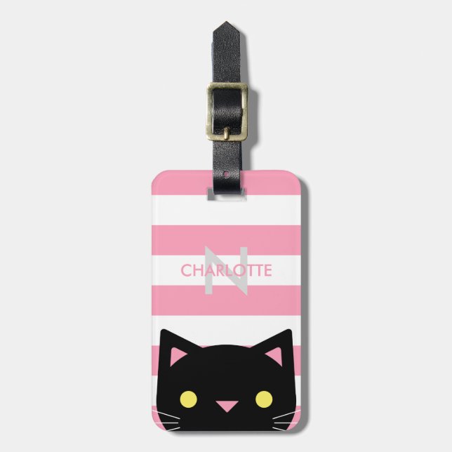 Étiquette À Bagage Le chat noir curieux | barre le monogramme de | (Devant Vertical)