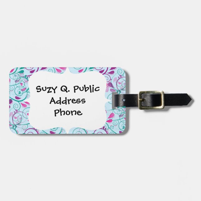 Étiquette À Bagage Le Flourish floral rose pourpre turquoise (Devant horizontal)