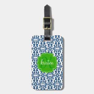 Étiquette À Bagage Le vert moderne bleu arabesque de Damask