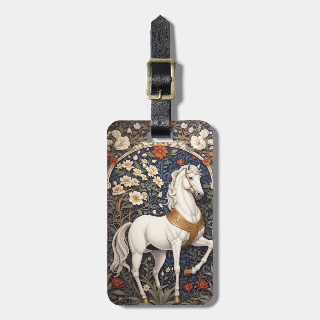 Étiquette À Bagage L'Élégant William Morris Inspiré Cheval Blanc (Devant Vertical)
