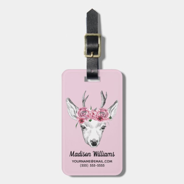 Étiquette À Bagage Les cerfs communs de fleurs d'aquarelle | ajoutent (Devant Vertical)