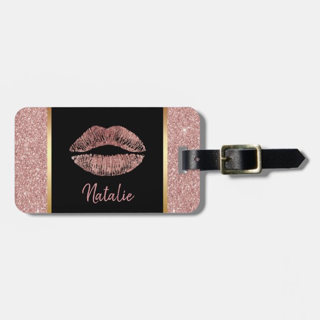 Étiquette À Bagage Les lèvres dorées Roses avec nom Parties scintilla (Devant horizontal)