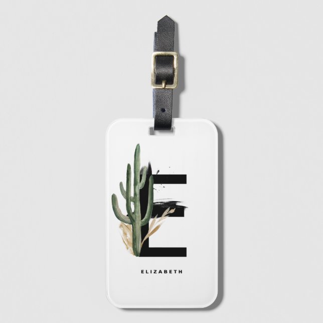 Étiquette À Bagage LETTRE BOHO Cactus Tropical E MONogramme BRIDESMai (Devant Vertical)