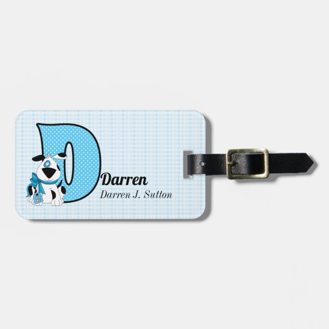 Étiquette À Bagage Lettre D pour Chien en Polka Bleue pour Garçons (Devant horizontal)