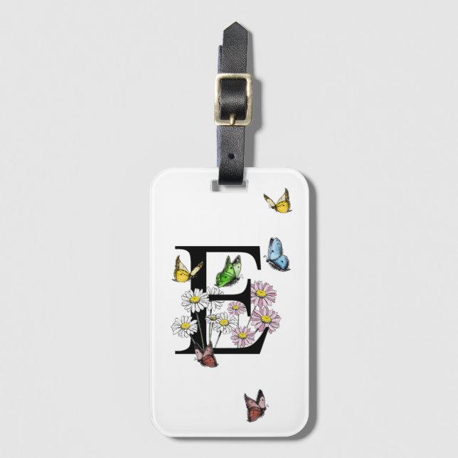 Étiquette À Bagage Lettre E Monogramme de papillon floral (Devant Vertical)