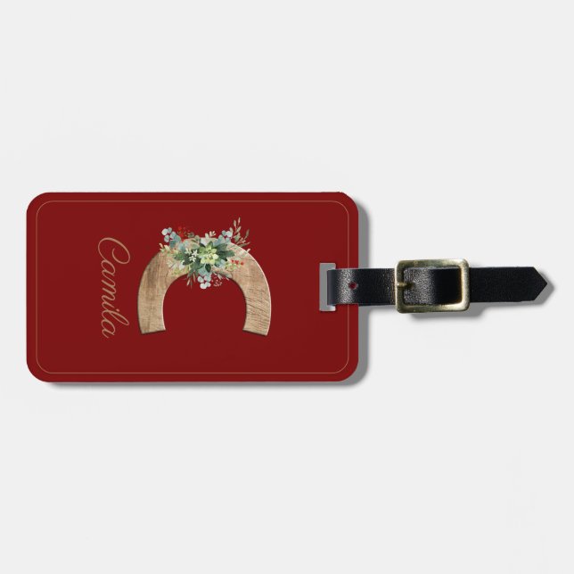 Étiquette À Bagage Lettre en bois Monogramme C succulent rouge Bagage (Devant horizontal)
