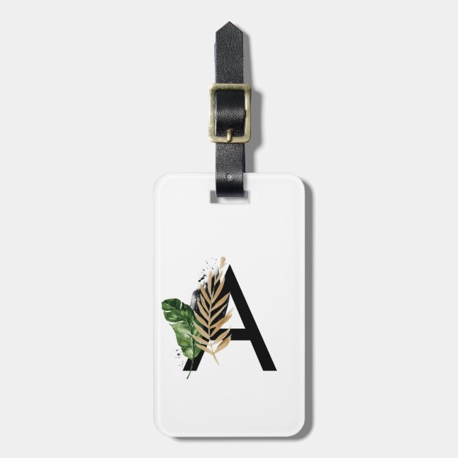 Étiquette À Bagage LETTRE Feuille Tropicale Faux Gold Foil A Monogram (Devant Vertical)