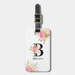 Étiquette À Bagage LETTRE Florale MONOGRAPHIQUE Bouquet rose et or