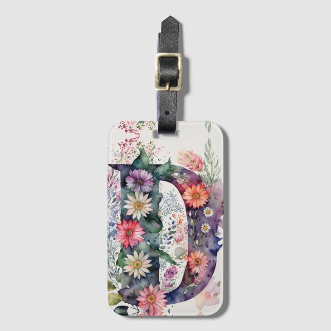 Étiquette À Bagage LETTRE PERSONNALISÉE D SAISON Aquarelle Florale (Devant Vertical)