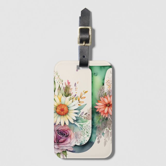 Étiquette À Bagage LETTRE PERSONNALISÉE J Daisy Aquarelle Florale (Devant Vertical)