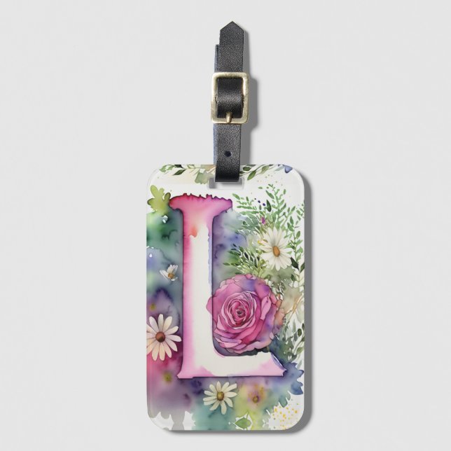 Étiquette À Bagage Lettre personnalisée L Daisy Aquarelle florale (Devant Vertical)