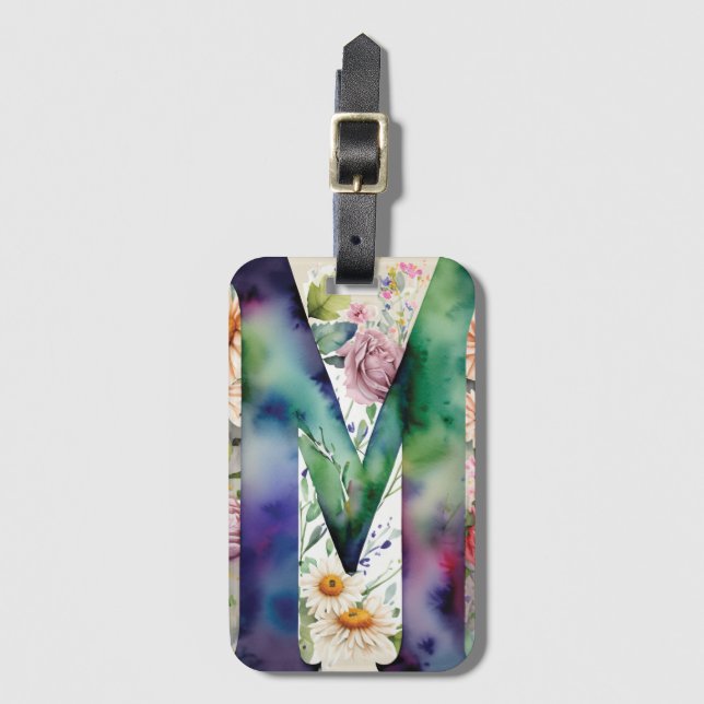 Étiquette À Bagage Lettre personnalisée M Daisy Floral Aquarelle (Devant Vertical)