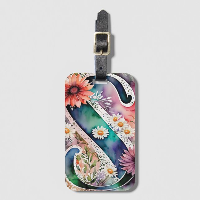 Étiquette À Bagage LETTRE PERSONNALISÉE S SAISON Aquarelle Florale (Devant Vertical)