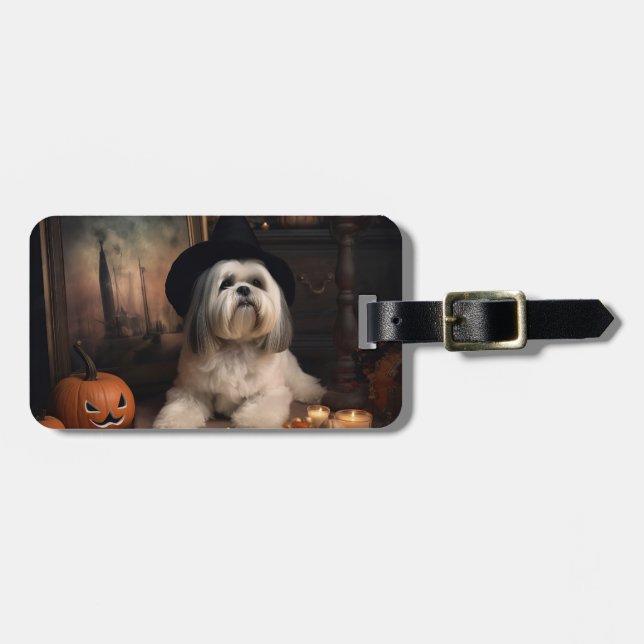 Étiquette À Bagage Lhasa Apso Citrouilles Halloween Épouvantable (Devant horizontal)