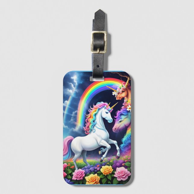 Étiquette À Bagage Licorne Arc-en-Ciel Un (Devant Vertical)
