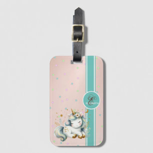 Étiquette À Bagage Licorne Bébé, Monogramme Étoiles Colorées