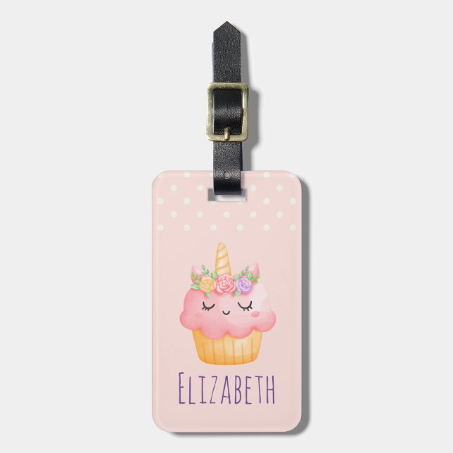 Étiquette À Bagage Licorne Cupcake Rose Rose (Devant Vertical)