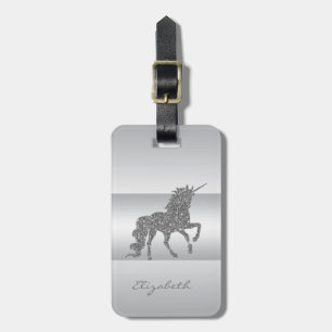 Étiquette À Bagage Licorne Pailletée Argentée Élégante Moderne Fémini