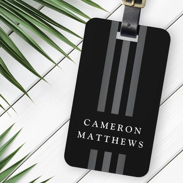 Étiquette À Bagage Lignes sombres élégantes moderne monogrammed noir (Elegant dark lines modern monogrammed black luggage tag)