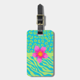 Étiquette À Bagage Lime Green & Turquoise Zebra & Cheetah Pink Flower