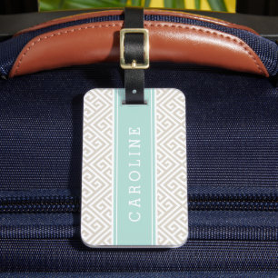 Étiquette À Bagage Linge Beige et Mint Clé grecque Monogramme personn