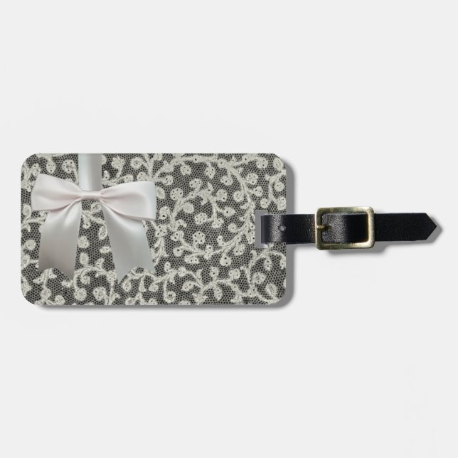 Étiquette À Bagage Linge de dentelle mariage blanc classique jolie (Devant horizontal)