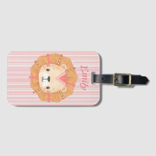 Étiquette À Bagage Lion mignon et monogramme sur bonbon rose rayé