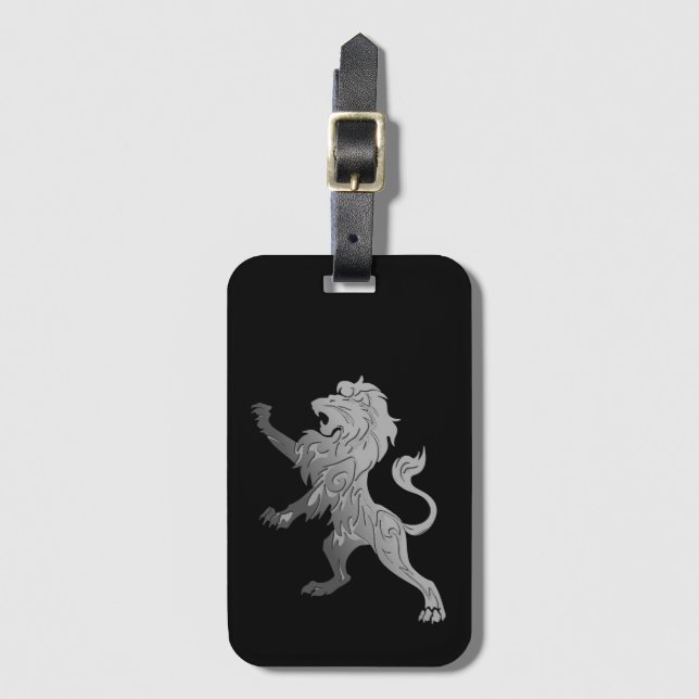 Étiquette À Bagage Lion royal d'argent sur noir (Devant Vertical)