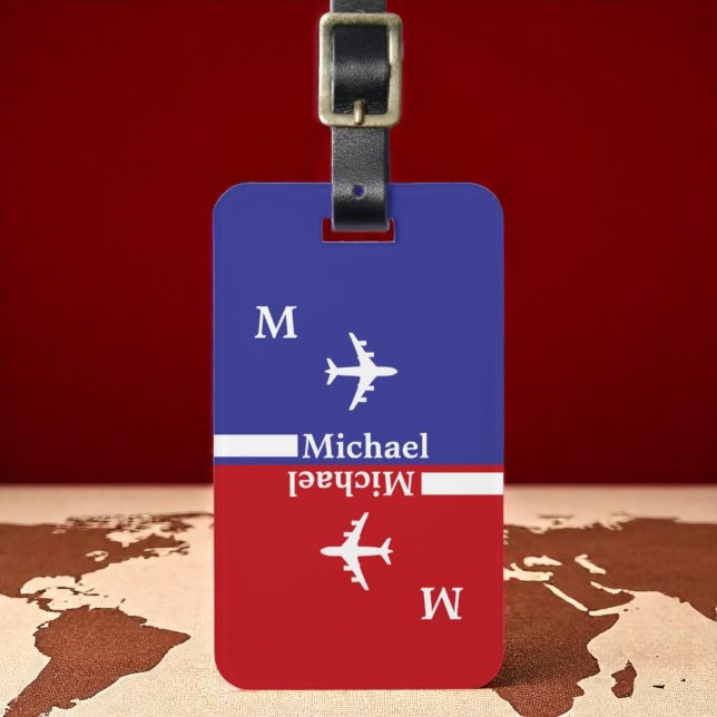 Étiquette À Bagage Lluggagetag bleu rouge moderne avec nom (Créateur téléchargé)