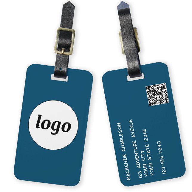 Étiquette À Bagage Logo Code QR Business Turquoise Green (Simple logo with QR code and custom text business branding promotional teal green luggage tag)