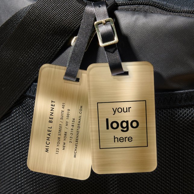 Étiquette À Bagage Logo Personnalisé Métal brossé Monogrammé Or (Custom Logo Monogrammed Gold Brushed Metal Luggage Tag)