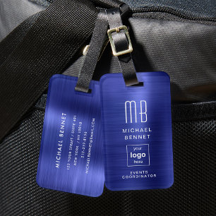 Étiquette À Bagage Logo Personnalisé Monogrammé Marine Bleu Métal Bro