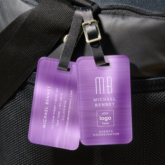 Étiquette À Bagage Logo Personnalisé Monogramme Métal brossé violet (Custom Logo Monogram Purple Brushed Metal Luggage Tag)