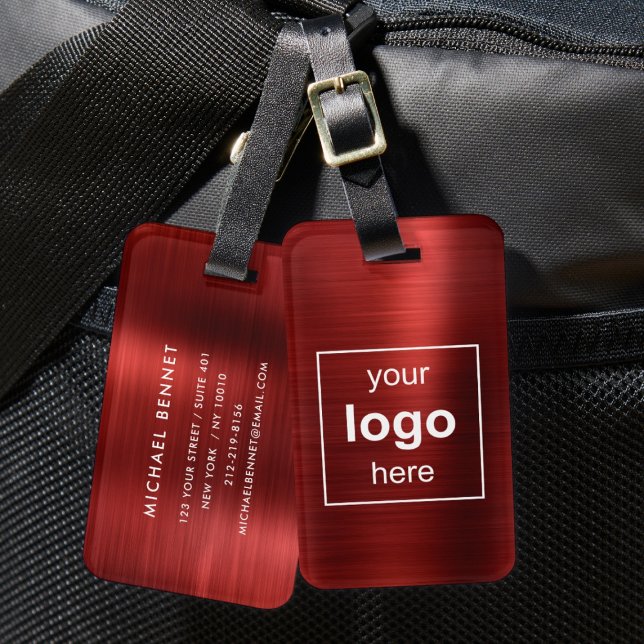 Étiquette À Bagage Logo Personnalisé Monogrammé Rouge brossé Métal (Custom Logo Monogrammed Red Brushed Metal Luggage Tag)