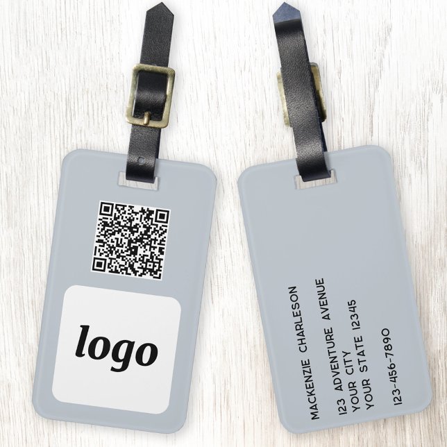 Étiquette À Bagage Logo QR Code Bleu clair Entreprise Promotion (Logo with QR code and custom text promotional business branding luggage tag)
