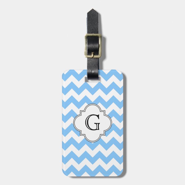 Étiquette À Bagage Lt Blue Wht Chevron Zigzag Wht Quatrefoil Monogram (Devant Vertical)