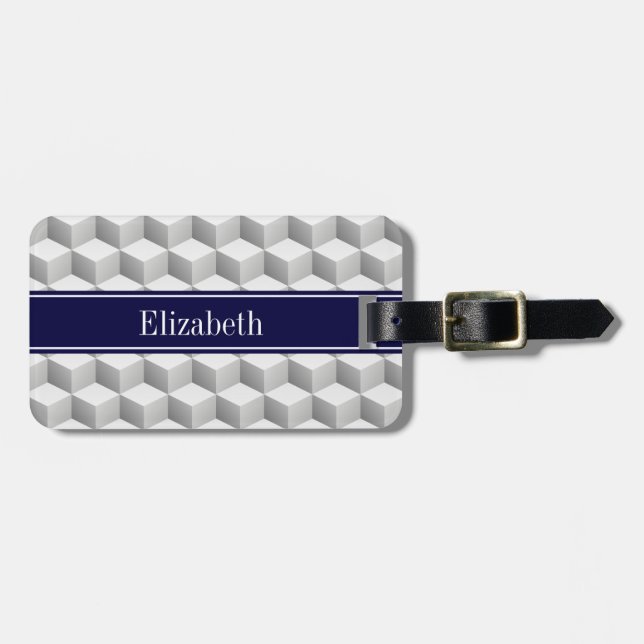 Étiquette À Bagage Lt Grey Whi 3D Look Cubes Marine Blue Nom Monogram (Devant horizontal)