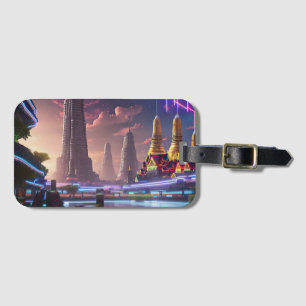 Étiquette À Bagage Lumières de néon vibrantes de Cyberpunk Bangkok