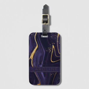 Étiquette À Bagage Luxe Elegant Purple Gold Marble Effet Nom