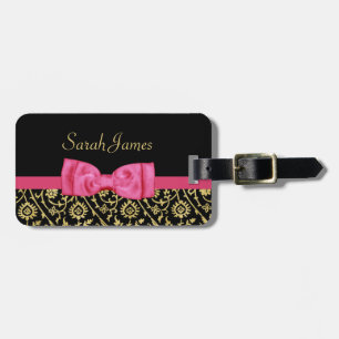 Étiquette À Bagage Luxe Gold Black Floral Damask Rose Bow et nom
