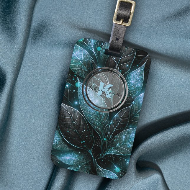 Étiquette À Bagage Luxueux Élégant Turquoise Noir Foliing brillant (Créateur téléchargé)