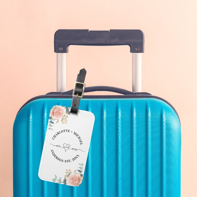 Étiquette À Bagage M. mrs jeunes mariés roses fleurons or verdure (Créateur téléchargé)