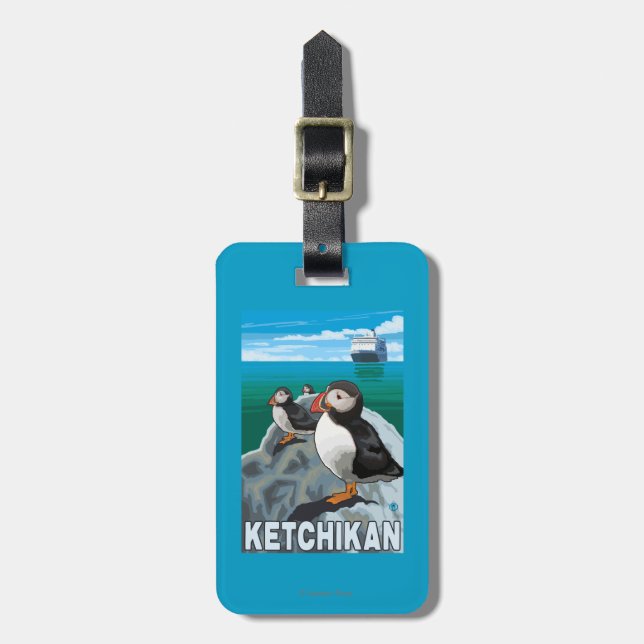 Étiquette À Bagage Macareux et bateau de croisière - Ketchikan, (Devant Vertical)