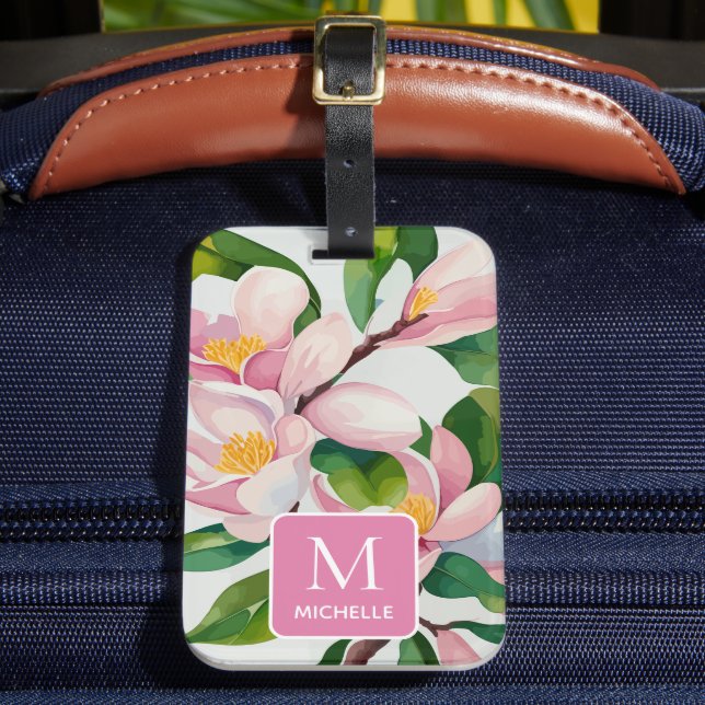 Étiquette À Bagage Magnolia Botanique Moderne Art Rose Monogramme (Insitu Rectoal 2)