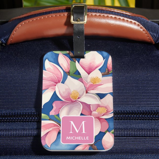 Étiquette À Bagage Magnolia Botanique Moderne Art Rose Monogramme (Insitu Rectoal 2)