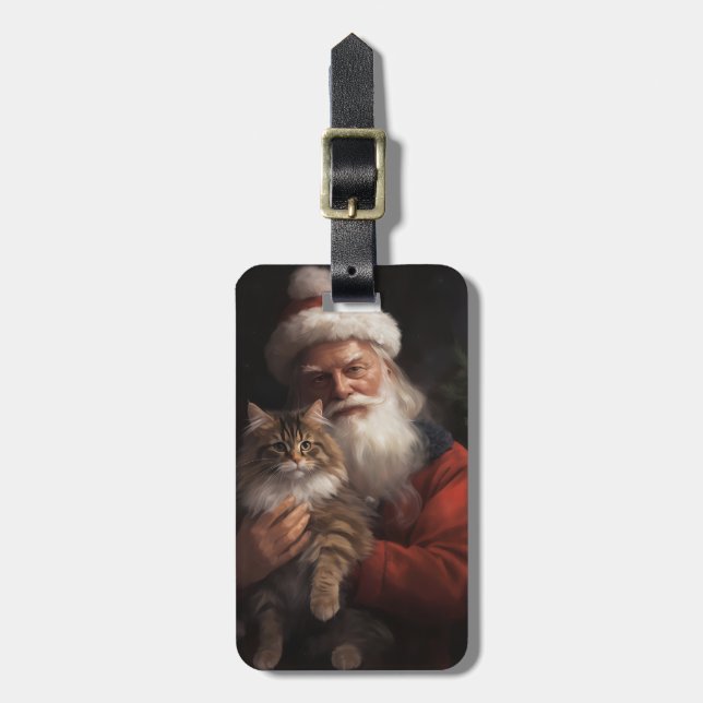 Étiquette À Bagage Maine Coon avec Noël Festif du Père Noël (Devant Vertical)