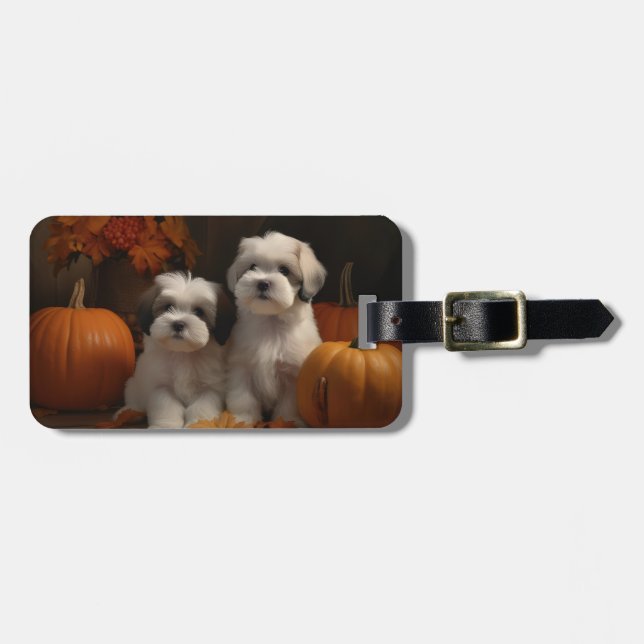 Étiquette À Bagage Malti tzu Puppy Citrouille d'automne (Devant horizontal)